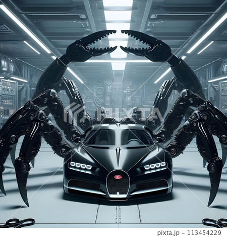 A futuristic machine that combines a giant black scorpion and a Bugatti Chiron, a car that takes the form of a living being. A futuristic machine that combines a giant black scorpion and a Bugatti Chiron, a car that takes the form of a living being. 113454229