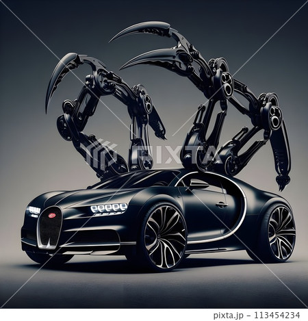 A futuristic machine that combines a giant black scorpion and a Bugatti Chiron, a car that takes the form of a living being. 113454234