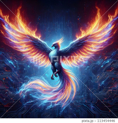 A majestic phoenix is reborn from the digital ashes in a blazing holographic flame. A majestic phoenix is reborn from the digital ashes in a blazing holographic flame. 113454446