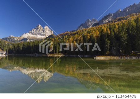 Typical landscape with Tre Cime, Tre Cime di Lavaredo, Dolomiti, South Tyrol, Italy 113454479