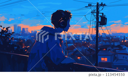 ベランダから夕焼けを見つめる男子高校生 113454550