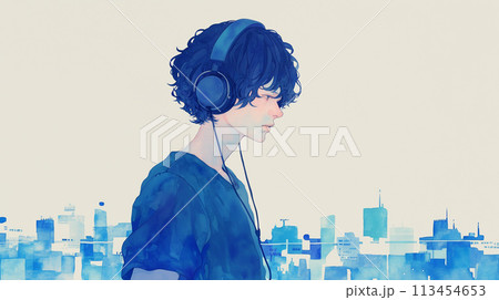 都会の街並みとヘッドフォンをした男性 都会の街並みとヘッドフォンをした男性 113454653