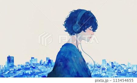 都会の街並みとヘッドフォンをした男性 113454655