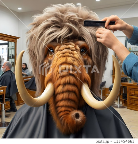A picture of a boy with mammoth hair getting a haircut in a hair salon. 113454663