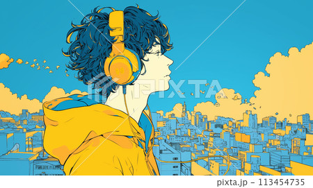 街を眺めながら歩くヘッドフォンをした男性 街を眺めながら歩くヘッドフォンをした男性 113454735