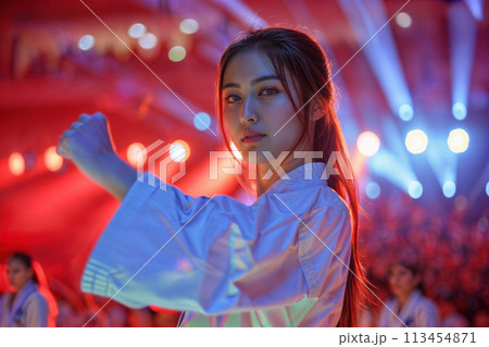Confident young woman karate fighter at a vibrant event 113454871