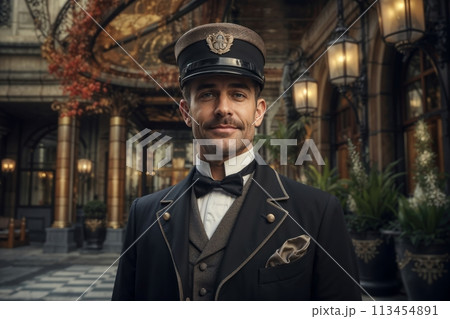 Confident hotel porter in uniform, standing at grand hotel entrance with a friendly smile 113454891