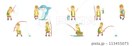 Funny Fisherman Character Fishing with Rod Vector Illustration Set Funny Fisherman Character Fishing with Rod Vector Illustration Set 113455073
