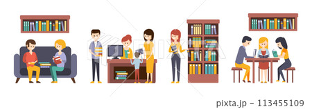 Library and Bookstore with People Character Reading Choosing Book Vector Set 113455109