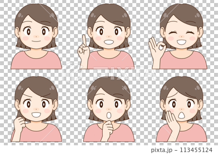 A set of six different expressions and poses for a young woman with short hair 113455124