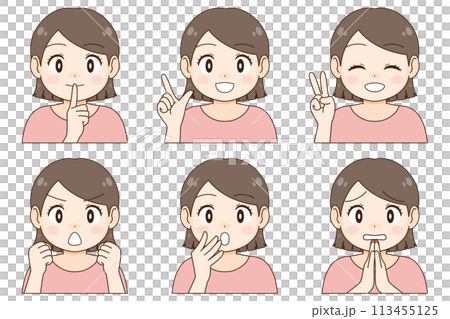 A set of six different expressions and poses for a young woman with short hair A set of six different expressions and poses for a young woman with short hair 113455125