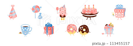 Funny Happy Birthday Character with Pretty Face Vector Set Funny Happy Birthday Character with Pretty Face Vector Set 113455157