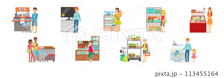 People Character Do Shopping and Purchase in Store Vector Set 113455164