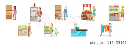 People Character Do Shopping and Purchase in Store Vector Set 113455165