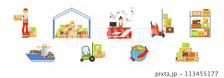 Warehouse and Logistics with Parcel and Cardboard Box Shipment and Storage Vector Set 113455177