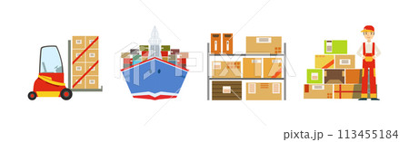 Warehouse and Logistics with Parcel and Cardboard Box Shipment and Storage Vector Set 113455184