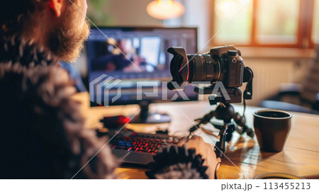 Video editing. Side view of a content creator editing a vlog, with a coffee cup and camera on the desk, embodying a relaxed creative vibe 113455213