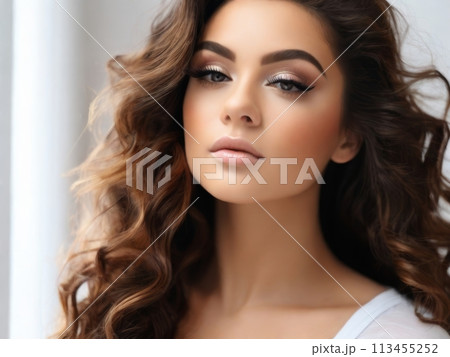 Portrait of a beautiful young woman with long brown hair and natural makeup Portrait of a beautiful young woman with long brown hair and natural makeup 113455252