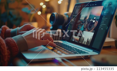 Video editing. Creative process in action: Side shot of a vlogger editing content with coffee and camera for company on the desk Video editing. Creative process in action: Side shot of a vlogger editing content with coffee and camera for company on the desk 113455335