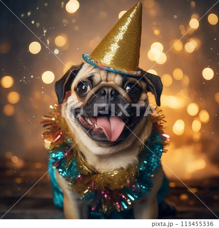 Adorable Pug Wearing a Gold-Glittered Party Hat and Blue Party Streamers, Celebrating a Joyful Event Adorable Pug Wearing a Gold-Glittered Party Hat and Blue Party Streamers, Celebrating a Joyful Event 113455336