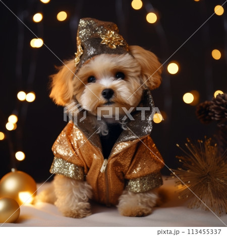 Small Adorable Dog Wearing a Gold Sequined Jacket and a Party Hat Sits in Front of a Bokeh of Lights 113455337