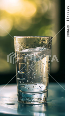 Glass of cold sparkling water with ice cubes on reflective surface Glass of cold sparkling water with ice cubes on reflective surface 113455351