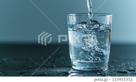 Water Splashing Into Glass on Blue Background - Hydration Concept for Healthy Lifestyle 113455352