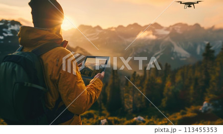 Video editing. Drone footage of nature landscapes on a tablet reviewed by a filmmaker, highlighting technology's role in capturing beauty 113455353