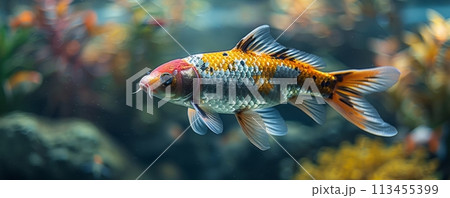Close up of colorful koi fish in clear water. 113455399