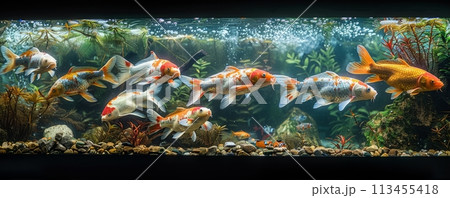 Multicolored school of koi fish inside a clear water. Multicolored school of koi fish inside a clear water. 113455418