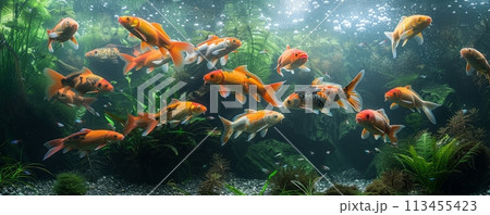 Multicolored school of koi fish inside a clear water aquarium. 113455423