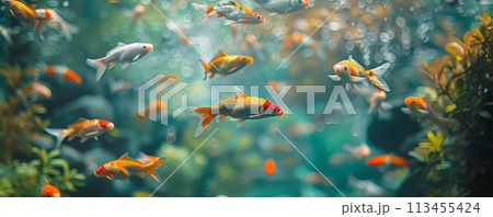 Multicolored school of koi fish inside a clear water aquarium. 113455424