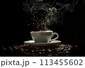 Hot Coffee espresso in white cup on black background. Making black coffee with foam. Close up. Copy space. 113455602