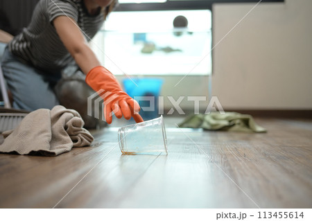 Close up woman wearing rubber gloves cleaning up the messy house Close up woman wearing rubber gloves cleaning up the messy house 113455614