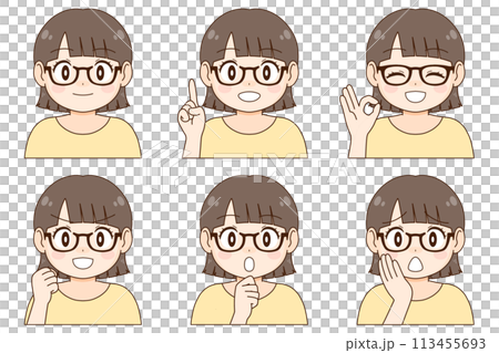 A set of six different expressions and poses of a young woman with short hair and glasses 113455693