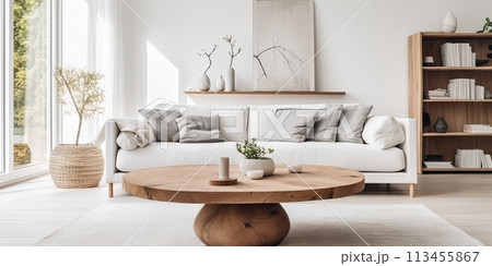 Scandinavian interior room with wood coffee table against white sofa 113455867