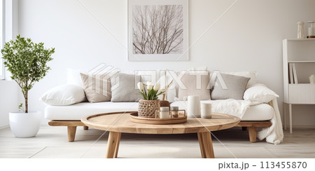 Scandinavian interior room with wood coffee table against white sofa 113455870