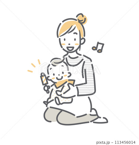 赤ちゃんリトミック　お母さんと赤ちゃん　シンプルでお洒落な線画イラスト 113456014