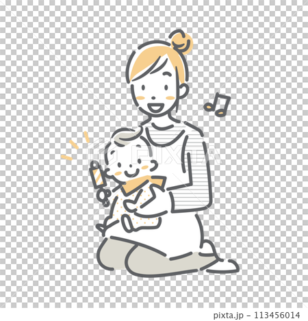 赤ちゃんリトミック　お母さんと赤ちゃん　シンプルでお洒落な線画イラスト 113456014