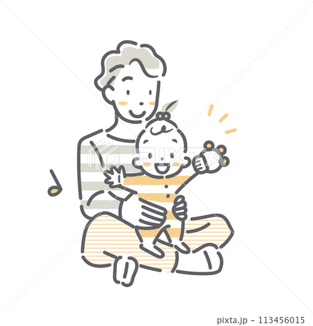 赤ちゃんリトミック　お父さんと赤ちゃん　シンプルでお洒落な線画イラスト 113456015