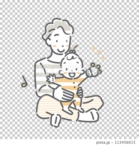 赤ちゃんリトミック　お父さんと赤ちゃん　シンプルでお洒落な線画イラスト 113456015