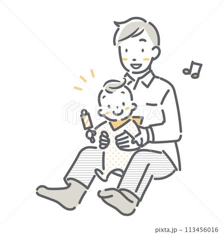 赤ちゃんリトミック　お父さんと赤ちゃん　シンプルでお洒落な線画イラスト 113456016
