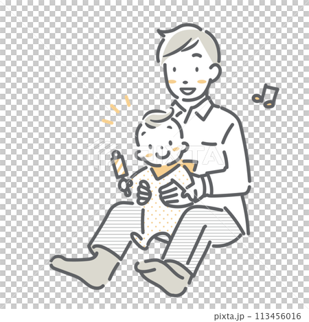赤ちゃんリトミック　お父さんと赤ちゃん　シンプルでお洒落な線画イラスト 113456016