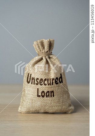 Unsecured loan money bag. Money borrowed without needing to provide collateral. Quick and convenient, but interest rates can be higher. Avoid fees and damage to credit score. 113456019