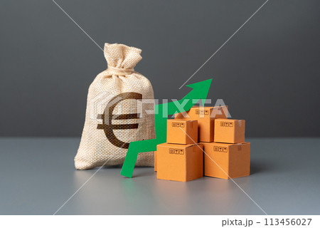 Boxes with a green arrow up near a euro money bag. High demand for goods. Import and export. Economic growth and increased sales. Good sales, big income. Increased trade and economy. Boxes with a green arrow up near a euro money bag. High demand for goods. Import and export. Economic growth and increased sales. Good sales, big income. Increased trade and economy. 113456027