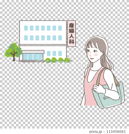 産婦人科に行く女性のイラスト。 産婦人科に行く女性のイラスト。 113456081