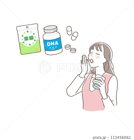 薬・サプリを飲む女性のイラスト。 113456082