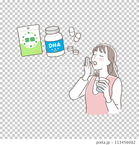 薬・サプリを飲む女性のイラスト。 113456082