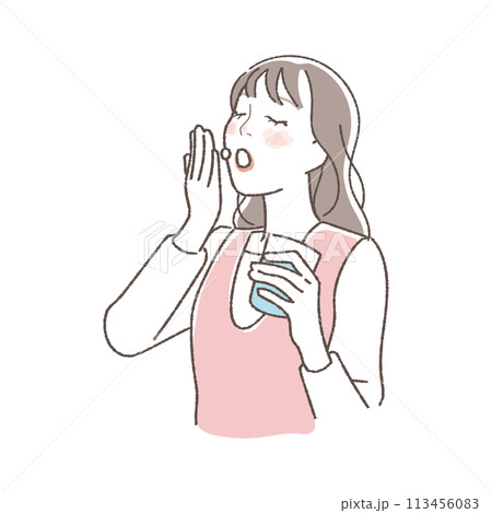 錠剤を飲む女性のイラスト。 113456083