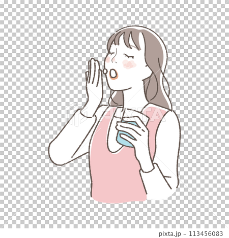 錠剤を飲む女性のイラスト。 113456083